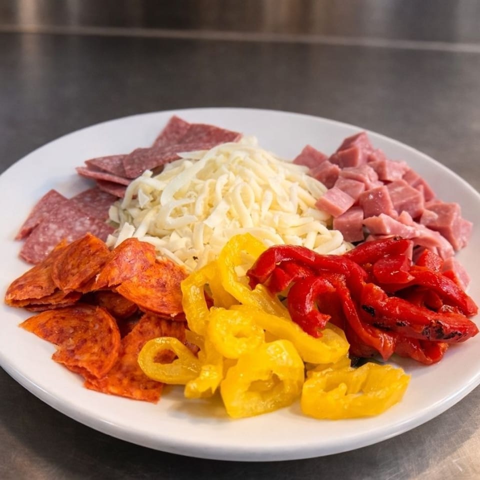 A white plate with pizza toppings: pepperoni, salami, ham, shredded cheese, yellow and red peppers.