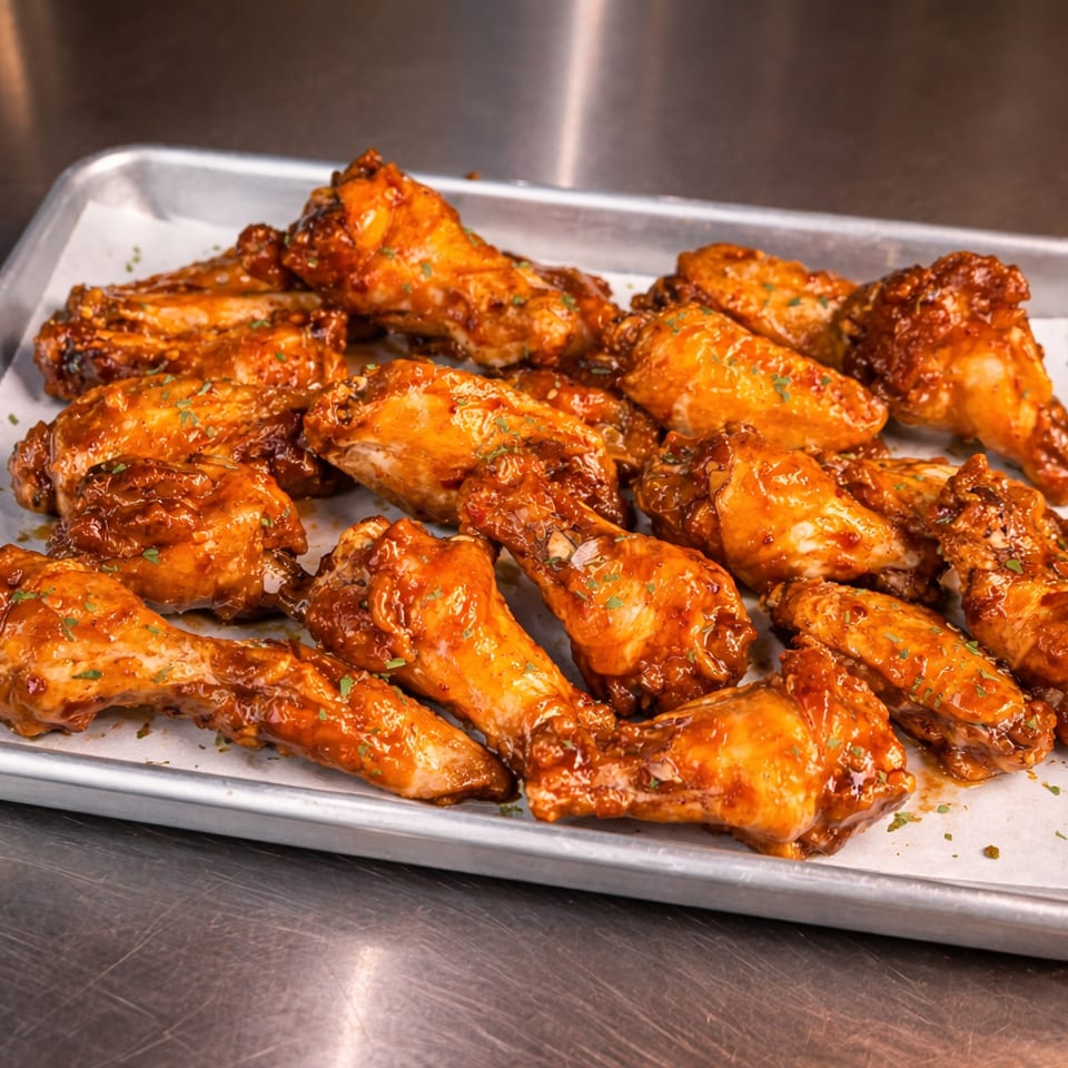 A metal tray filled with numerous glossy, sauced chicken wings on white parchment paper.